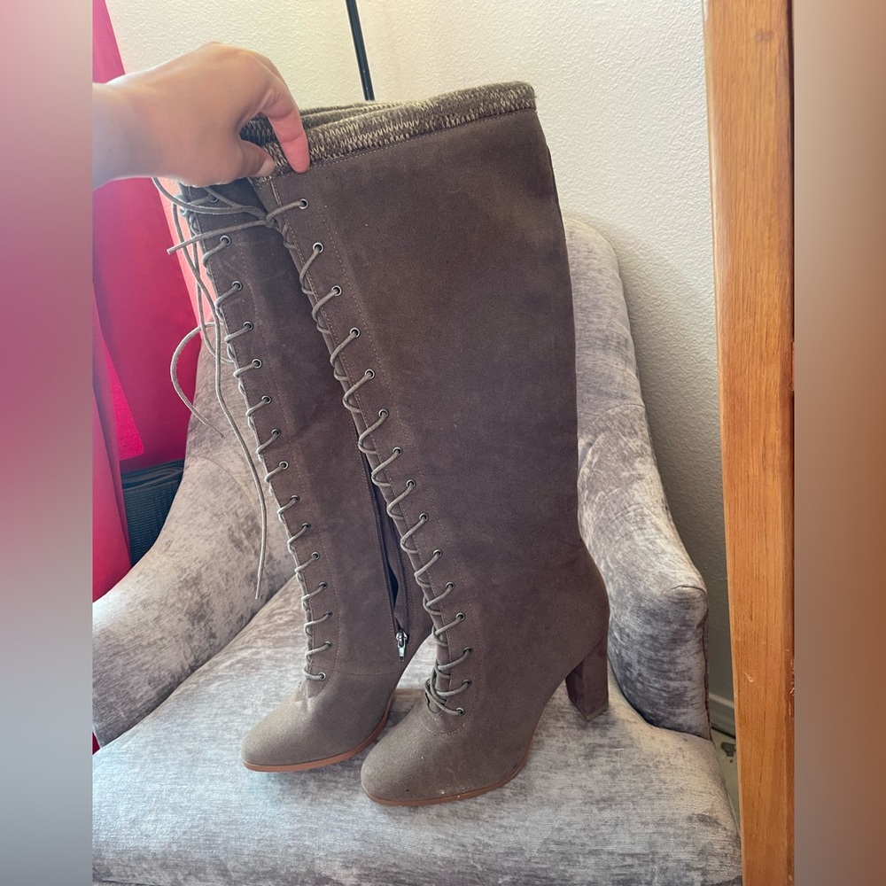 Grey lace-up below knee boots- size 10